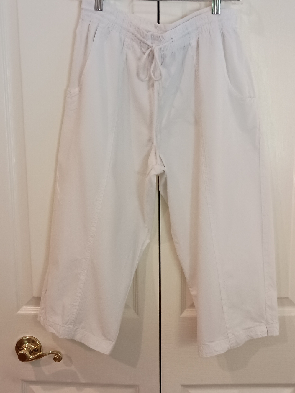 White Cotton Wide-Leg Med Petite Drawstring Pants - Picture 2 of 10